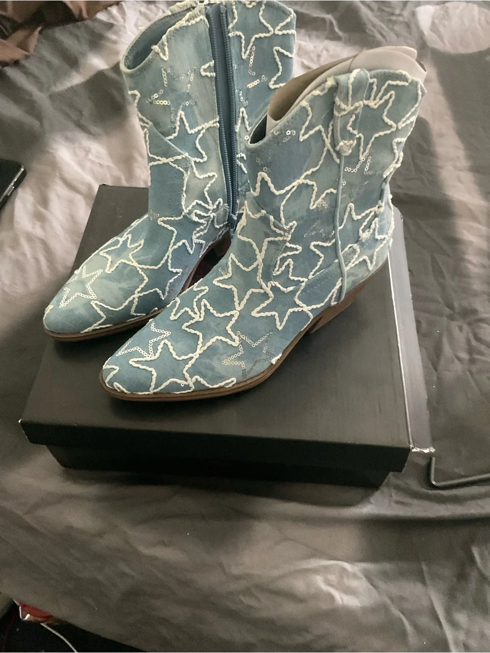 Women's Light Blue Embroidered Ankle Boots - Stylish Western-Inspired Fashion
